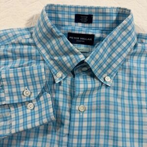 Peter Millar Collection Mens XL Blue Gingham Button‎ Down Shirt Flex Finish